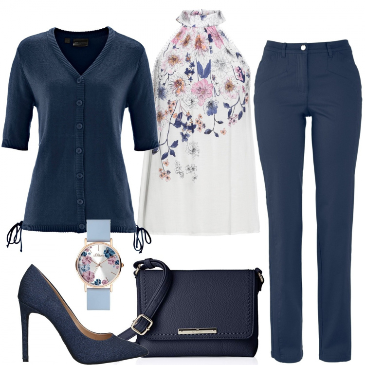Outfit donna - Il cardigan a mezza manica. Stile Basic per Ufficio. Abbinamento con top, pantaloni, cardigans, décolleté, borse a tracolla, orologi.