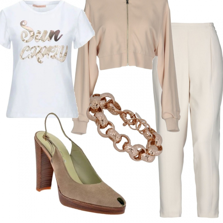 Outfit donna - Un bracciale glam!. Stile Trendy per Tutti i giorni. Abbinamento con bomber, braccialetti, pantaloni capri, t-shirt, décolleté.