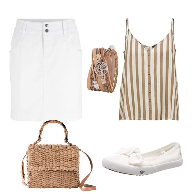 Outfit donna - Colori della terra. Stile Trendy per Tutti i giorni. Abbinamento con minigonne, braccialetti, borse a mano, ballerine, camicie.