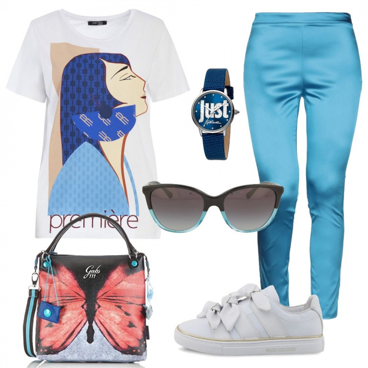 Outfit donna - Borsa colorata. Stile Urban per Tutti i giorni. Abbinamento con t-shirt, occhiali da sole, pantaloni, sneakers, borse a tracolla, orologi.