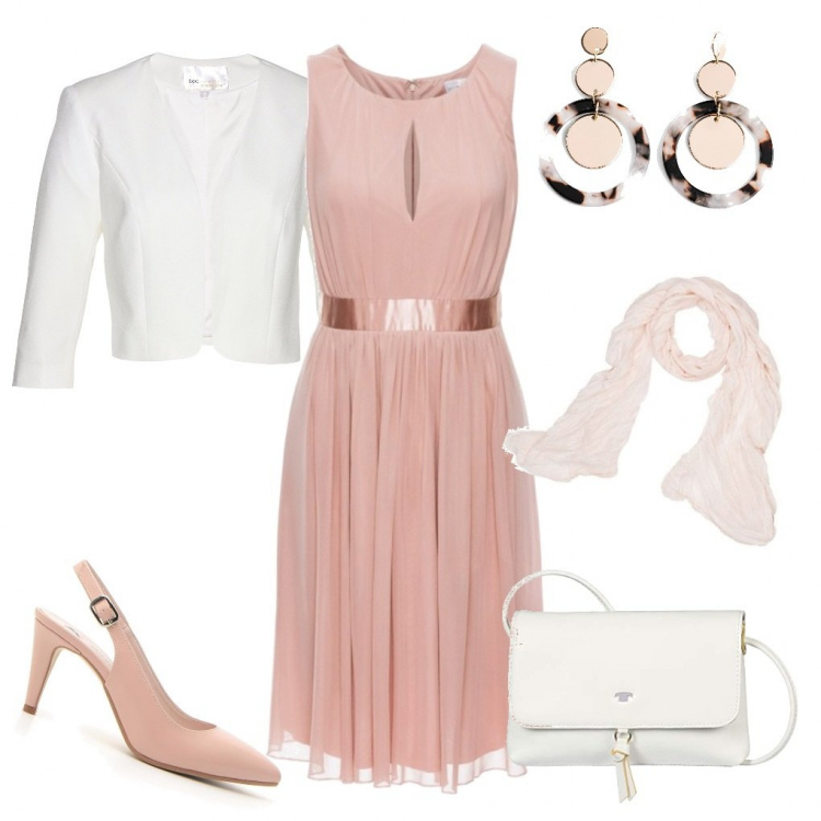 Outfit donna - Pasqua in due. Stile Bon Ton per Cerimonia. Abbinamento con maglieria, vestiti, orecchini, sciarpe, décolleté, borse a tracolla.