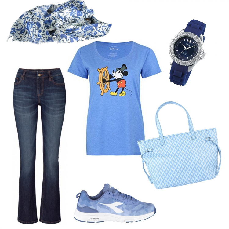 Outfit donna - Un salto al supermercato. Stile Urban per Tutti i giorni. Abbinamento con jeans bootcut, borse a mano, sneakers, t-shirt, sciarpe, orologi.
