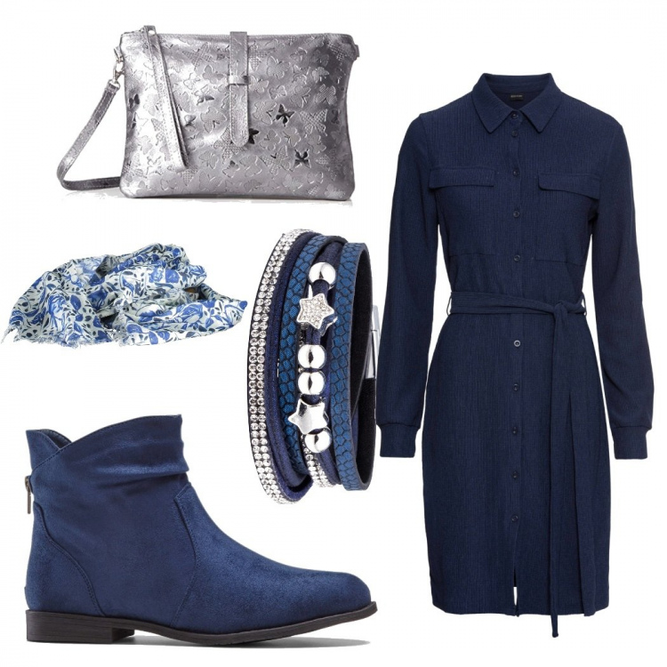Outfit donna - Glamour in blue. Stile Trendy per Tutti i giorni. Abbinamento con stivaletti, vestiti chemisier, braccialetti, borse a mano, sciarpe.