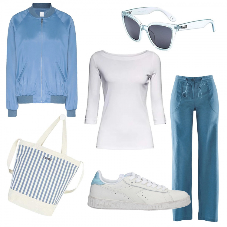 Outfit donna - Azul. Stile Urban per Tutti i giorni. Abbinamento con pantaloni a palazzo, cappotti, sneakers, t-shirt, shopping bag, occhiali da sole.