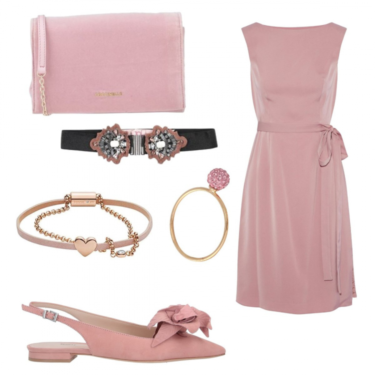 Outfit donna - Un tocco di rosa. Stile Bon Ton per Cerimonia. Abbinamento con vestiti corti, ballerine, cinture, borse a tracolla, braccialetti, anelli.