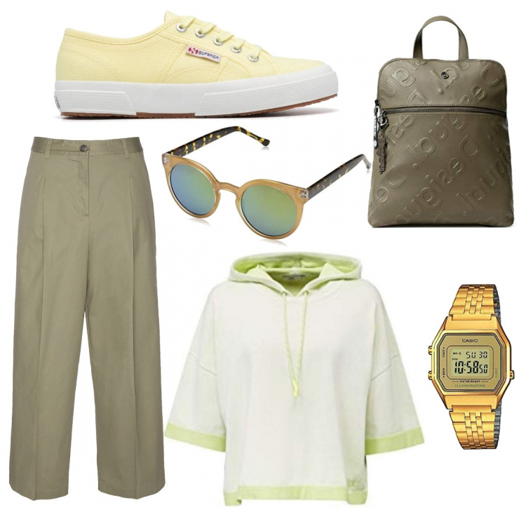 Outfit donna - Parco time. Stile Urban per Tutti i giorni. Abbinamento con pantaloni, sneakers, maglioni, zaini, orologi, occhiali da sole.