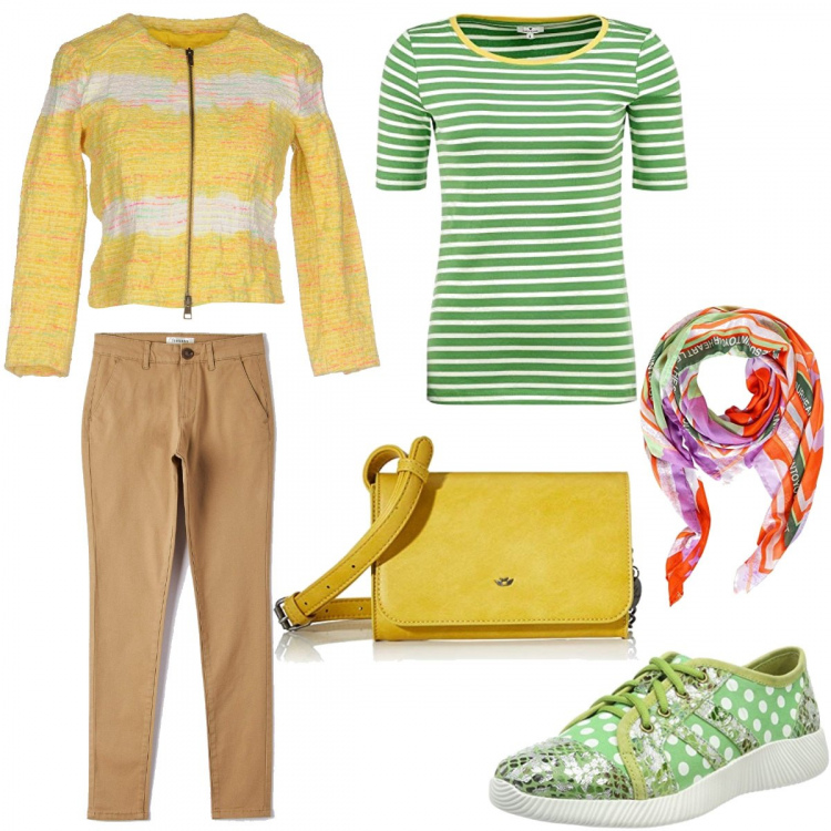 Outfit donna - COLORIAMO la giornata. Stile Trendy per Tutti i giorni. Abbinamento con blazer, pantaloni, sneakers, t-shirt, borse a spalla, sciarpe.