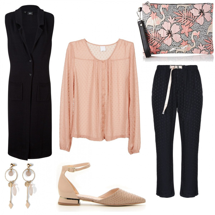 Outfit donna - Un tocco fi floreale. Stile Trendy per Serata fuori. Abbinamento con orecchini, gilet, pantaloni, camicie, zaini, ballerine.