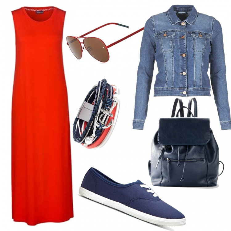 Outfit donna - Vestito rosso in primavera. per Tutti i giorni. Abbinamento con sneakers, zaini, braccialetti, giacche, vestiti midi/longuette, occhiali da sole.