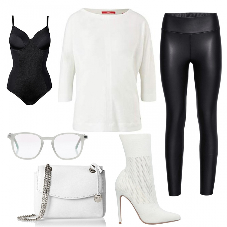 Outfit donna - Trendy #27912. Stile Trendy per Ufficio. Abbinamento con leggings, body, stivaletti, occhiali, t-shirt, borse a tracolla.