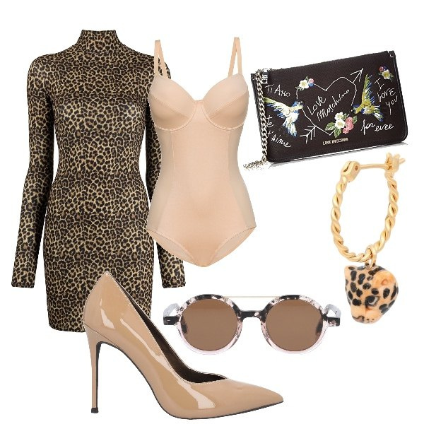 Outfit donna - Sexy #2765. Stile Sexy per Serata fuori. Abbinamento con body, décolleté, occhiali da sole, orecchini, vestiti, pochette.