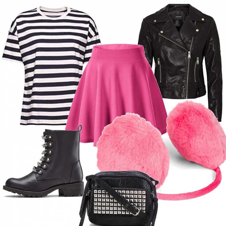 Outfit femme - Pinki punk. Style Rock pour Tous les jours. Assortir avec bottines, vestes, jupes au genou, sacs en bandoulière, fausses fourrures, t-shirts.