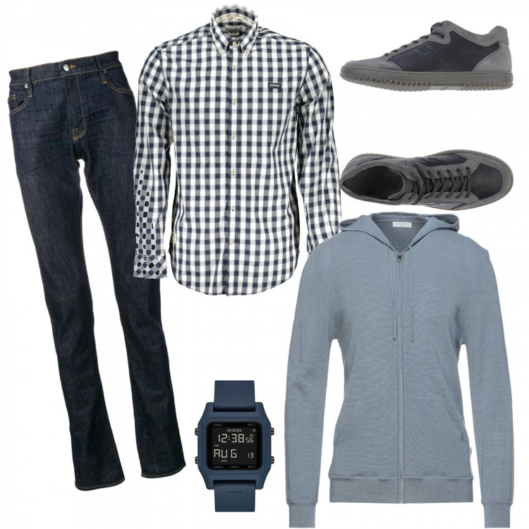 Outfit uomo - 363- per il picnic usiamo la sua camicia. Stile Casual per Tutti i giorni. Abbinamento con cardigans, sneakers, jeans, camicie, orologi digitali.