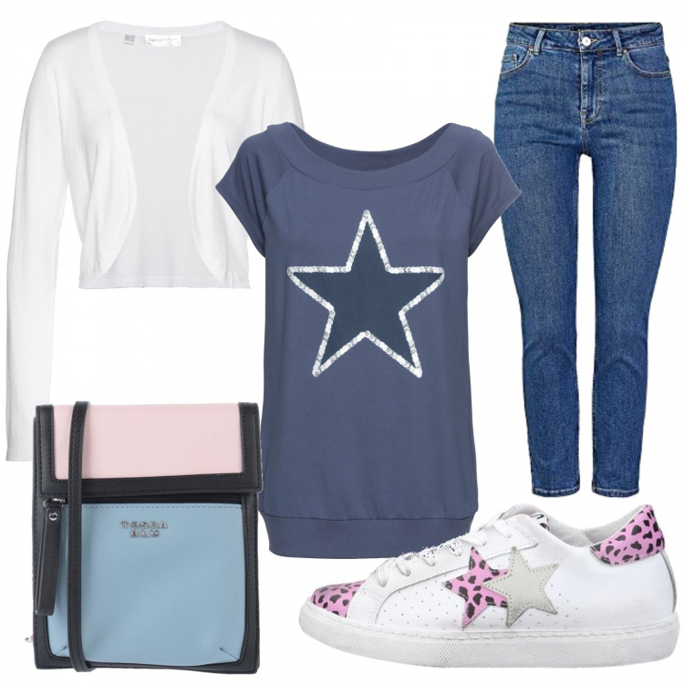 Outfit donna - Basic #16531. Stile Basic Abbinamento con t-shirt, bolero, sneakers, borse a tracolla, jeans slim fit.