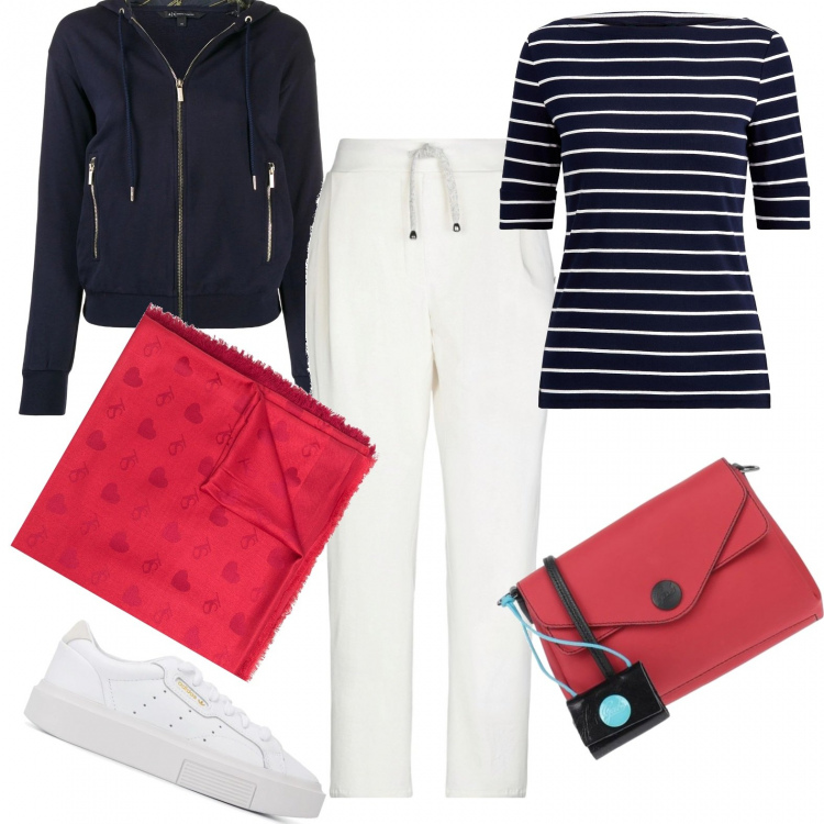 Outfit donna - Passeggiando nel parco!. Stile Trendy per Tutti i giorni. Abbinamento con pantaloni, borse a tracolla, t-shirt, bomber, sciarpe, sneakers.