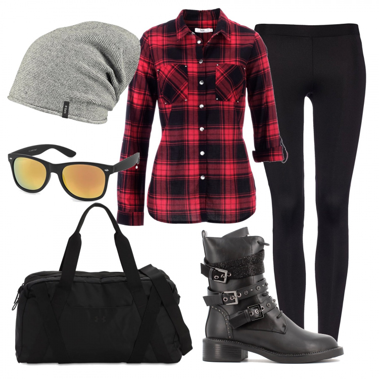 Outfit donna - Mountain Spring. Stile Urban per Tutti i giorni. Abbinamento con camicie, stivaletti, leggings, berretti, borse sportive, occhiali da sole.