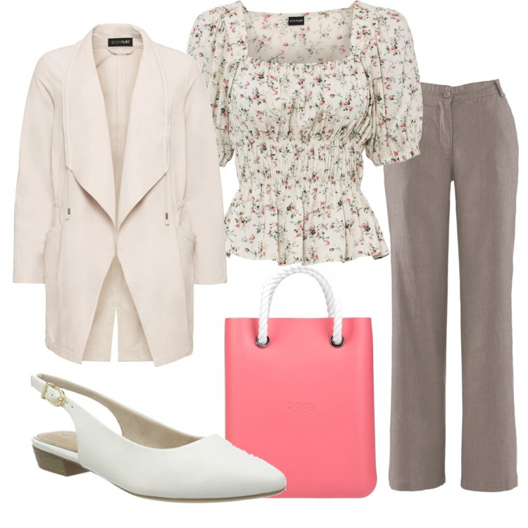 Outfit donna - Il top fiorito. Stile Bon Ton per Tutti i giorni. Abbinamento con pantaloni, bluse, blazer, borse a mano, scarpe col tacco.