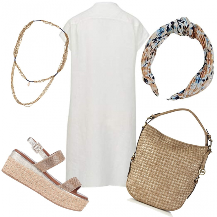 Outfit donna - Curvy & Trendy. Stile Trendy per Tutti i giorni. Abbinamento con sandali col tacco, collane, vestiti midi/longuette, cerchietti, borse tote.