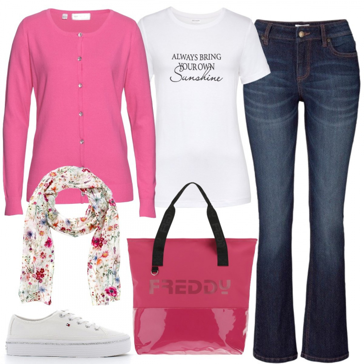Outfit donna - Lo stile semplice ed economico. Stile Basic per Scuola/Università. Abbinamento con jeans bootcut, foulard, cardigans, t-shirt, shopping bag, sneakers.