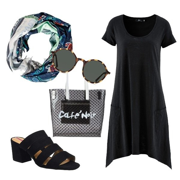 Outfit donna - Un caffe\' al bar della spiaggia. Stile Basic per Mare. Abbinamento con vestiti, borse a mano, sabot, occhiali da sole, sciarpe.