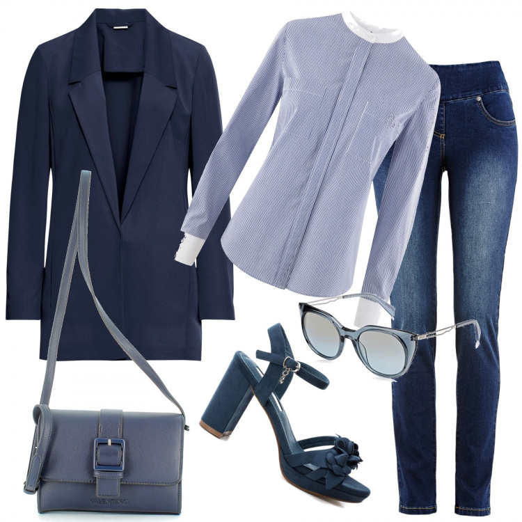 Outfit donna - Blu nell\'anima. Stile Trendy per Tutti i giorni. Abbinamento con jeans slim fit, blazer, borse a tracolla, camicie, sandali col tacco, occhiali da sole.