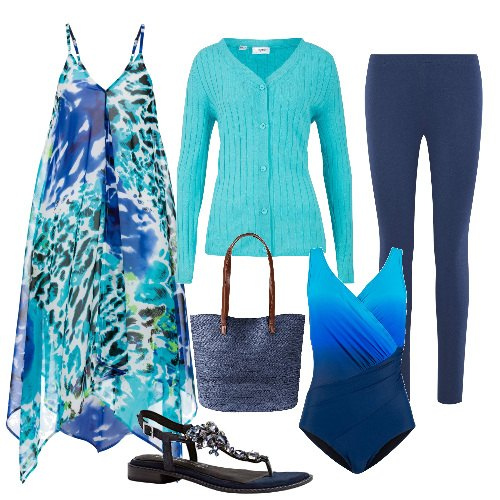 Outfit donna - Invito a cena con piscina. Stile Chic per Serata fuori. Abbinamento con costumi interi, cardigans, vestiti da spiaggia, shopping bag, leggings, sandali col tacco.
