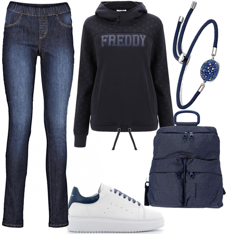 Outfit donna - Scuola open. Stile Basic per Scuola/Università. Abbinamento con jeggings, felpe con cappuccio, sneakers, zaini, braccialetti.