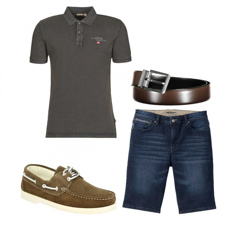 Outfit uomo - Bermuda in jeans. Stile Trendy per Tutti i giorni. Abbinamento con bermuda, scarpe stringate, polo, cinture.