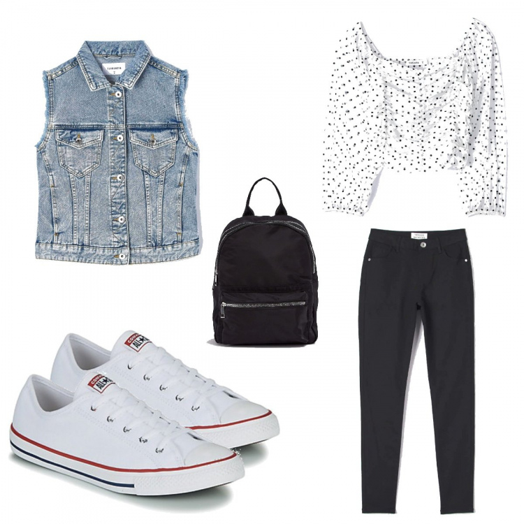 Outfit donna - Passeggiata al parco. Stile Urban per Tutti i giorni. Abbinamento con sneakers, cappotti, pantaloni skinny, t-shirt, zaini.