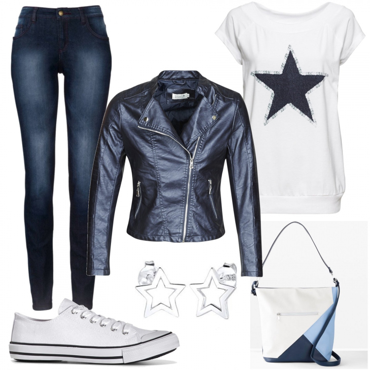 Outfit donna - Basic #16698. Stile Basic per Tutti i giorni. Abbinamento con t-shirt, jeans skinny, shopping bag, scarpe sportive, blazer, orecchini.
