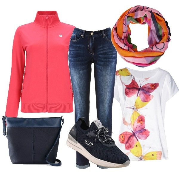 Outfit donna - Coloratissima primavera. Stile Urban per Tutti i giorni. Abbinamento con jeans boyfriend, pullovers, borse a tracolla, felpe, sciarpe, sneakers.