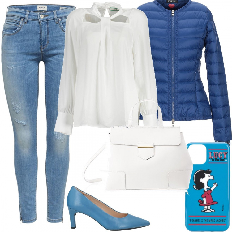 Outfit donna - Petite. Stile Chic per Ufficio. look ideale per Petite. Abbinamento con piumini, décolleté, jeans skinny, blazer, camicie, borse a spalla.