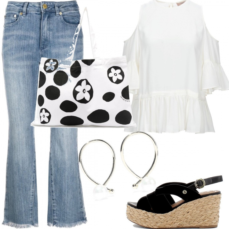 Outfit donna - Petite. Stile Basic per Tutti i giorni. look ideale per Petite. Abbinamento con bluse, orecchini, jeans, borse tote, zeppe.