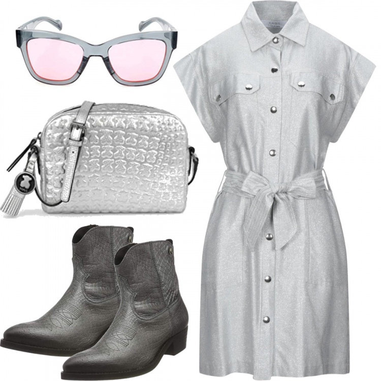 Outfit donna - Stivaletto in Primavera. Stile Basic per Tutti i giorni. Abbinamento con vestiti corti, stivaletti texani, occhiali da sole, marsupi.