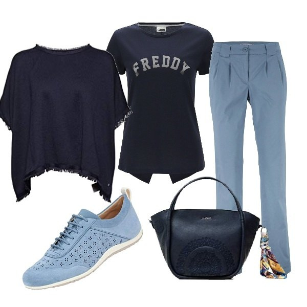 Outfit donna - Blu&Azzurro mare. Stile Urban per Tutti i giorni. Abbinamento con pantaloni chino, t-shirt, sciarpe, sneakers, borse a spalla.