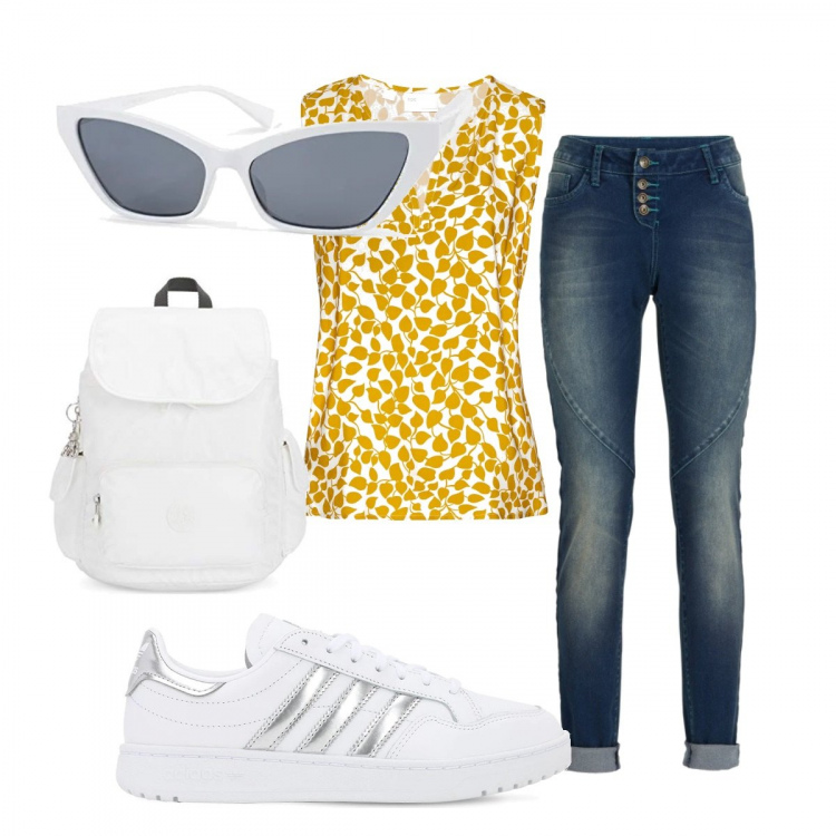 Outfit donna - Jeans con risvolti. Stile Basic per Tutti i giorni. Abbinamento con jeans boyfriend, top, sneakers, zaini, occhiali da sole.