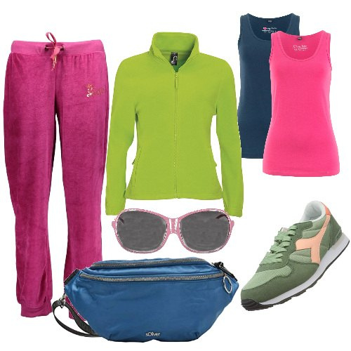 Outfit donna - G come Gioia. Stile Basic per Sport. Abbinamento con canottiere, felpe, pantaloni, sneakers, marsupi, occhiali da sole.