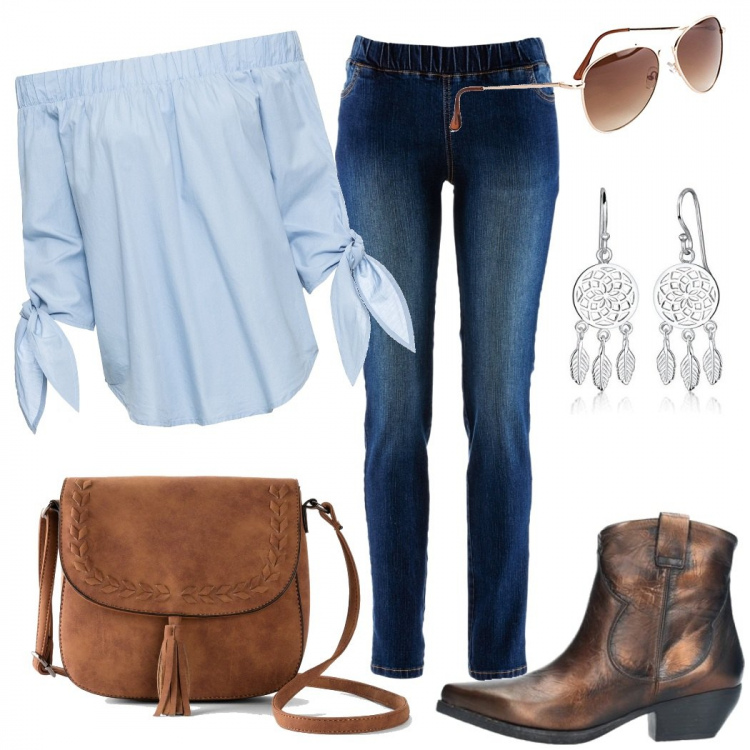 Outfit donna - Wild west. Stile Etnico per Tutti i giorni. Abbinamento con treggings, occhiali da sole, bluse, borse a tracolla, stivaletti texani, orecchini.