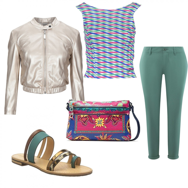 Outfit donna - La vita in mano. Stile Trendy per Tutti i giorni. Abbinamento con giacche, sandali, pantaloni chino, canottiere, borse a tracolla.