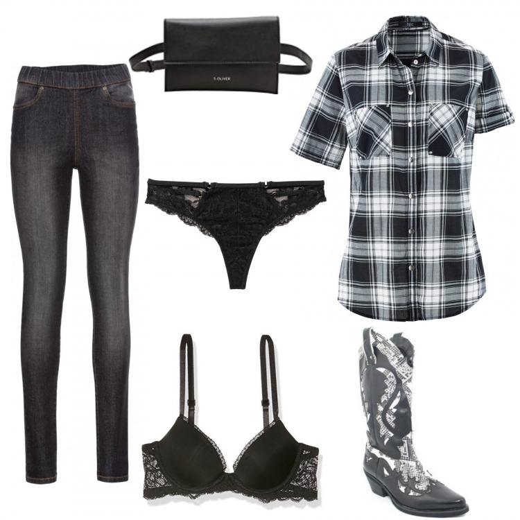 Outfit donna - Cow girl. Stile Trendy per Tutti i giorni. Abbinamento con camicie a manica corta, jeggings, perizomi, stivaletti texani, reggiseni push-up, marsupi.