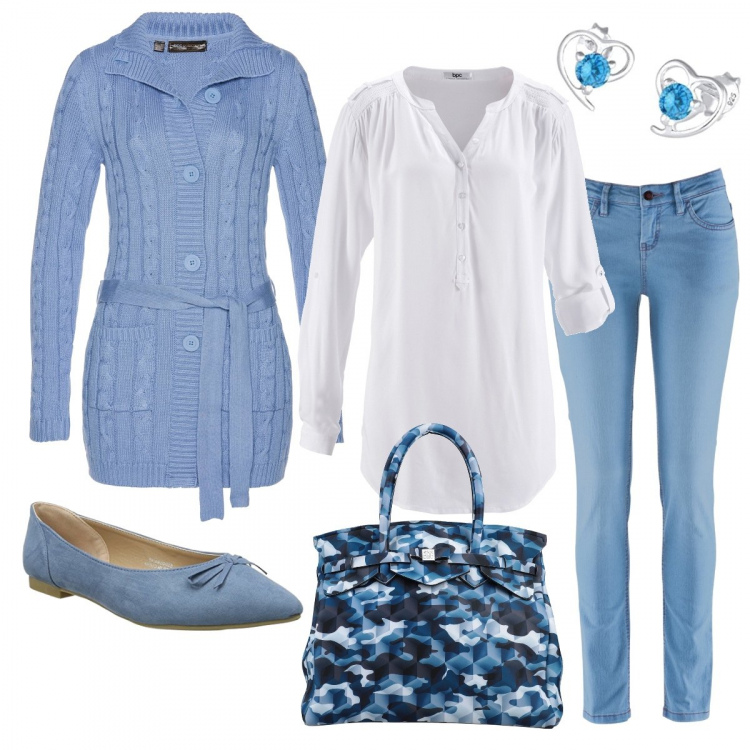Outfit donna - Il cardigan con le trecce. Stile Bon Ton per Tutti i giorni. Abbinamento con tuniche, jeans skinny, cardigans, borse a mano, ballerine, orecchini.