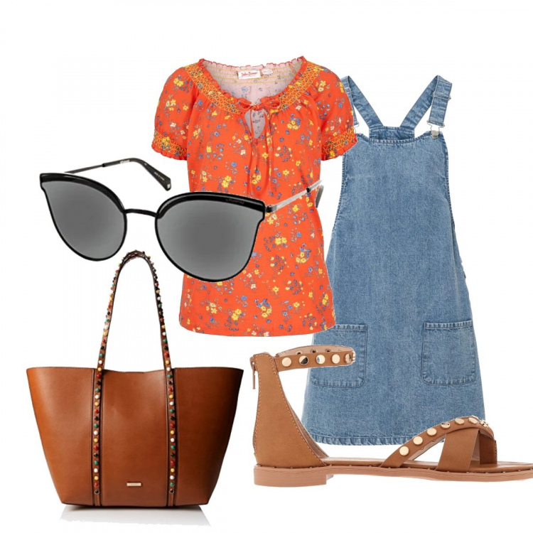 Outfit donna - Salopette in jeans. Stile Basic per Tutti i giorni. Abbinamento con sandali, salopette, t-shirt, borse tote, occhiali da sole.