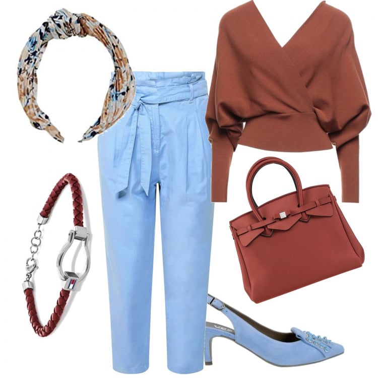 Outfit donna - Mattone e azzurro..anche nel cerchietto. Stile Basic per Tutti i giorni. Abbinamento con pullovers, borse a mano, décolleté, pantaloni culotte, cerchietti, braccialetti.