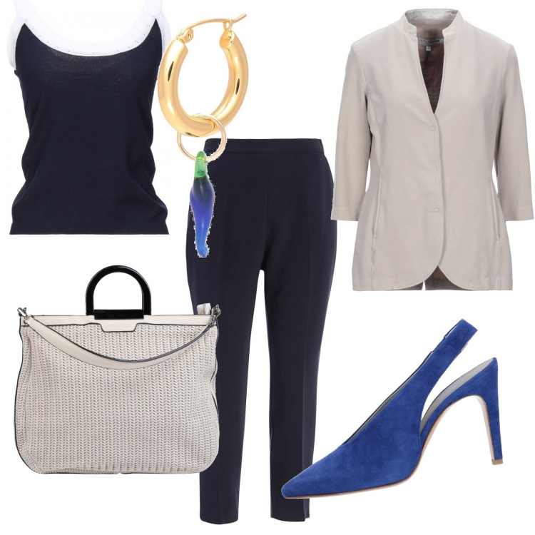 Outfit donna - Blu, bluette e color panna freddo. Stile Bon Ton per Ufficio. Abbinamento con blazer, top, borse a mano, orecchini, décolleté, pantaloni.