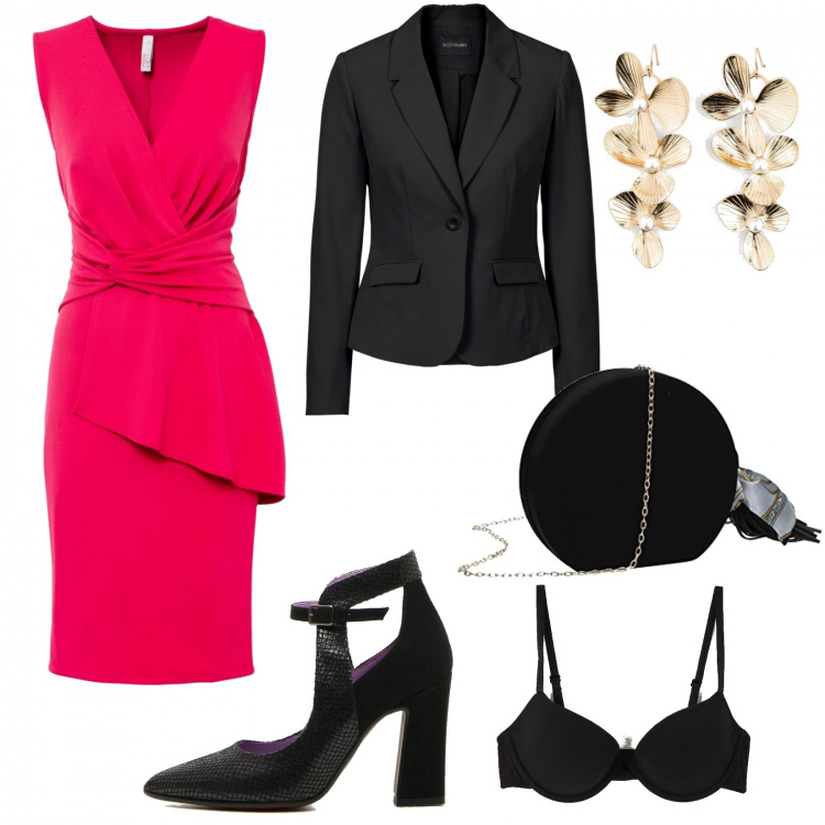 Outfit donna - Décolleté e blazer. Stile Chic per Cerimonia. Abbinamento con blazer, vestiti, orecchini, reggiseni push-up, décolleté, pochette.
