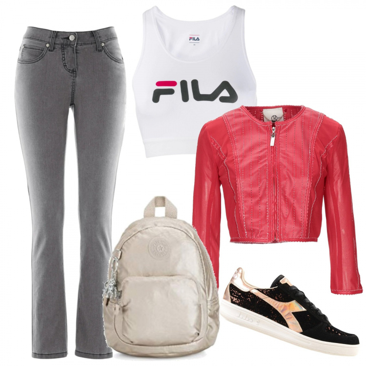 Outfit donna - Passeggiata primaverile. Stile Basic per Tutti i giorni. Abbinamento con jeans slim fit, sneakers, giacche, canottiere, zaini.
