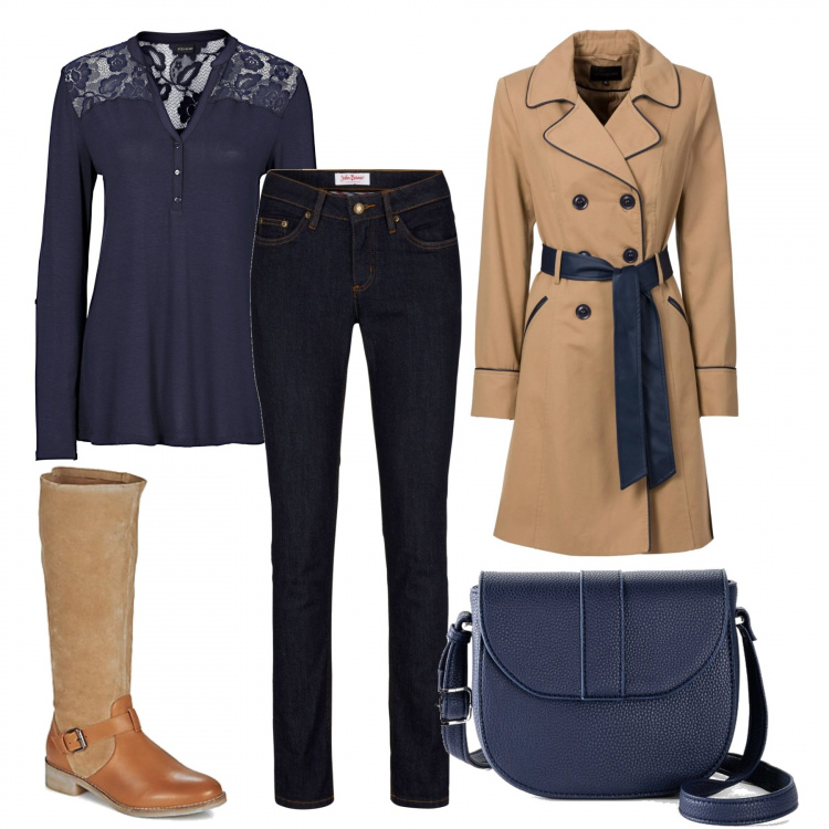 Outfit donna - Trench e blu. Stile Trendy per Tutti i giorni. Abbinamento con trench, jeans skinny, maglieria, gonne longuette, stivali.