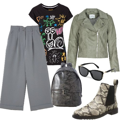 Outfit donna - U come Urban. Stile Urban per Tutti i giorni. Abbinamento con t-shirt, occhiali da sole, blazer, pantaloni a palazzo, stivaletti chelsea, zaini.