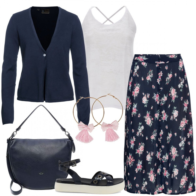 Outfit donna - Carina, comoda e senza pensieri. Stile Basic per Tutti i giorni. Abbinamento con cardigans, gonne longuette, orecchini, canottiere, sandali in pelle, borse a tracolla.
