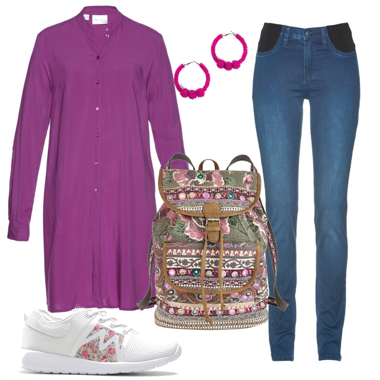 Outfit donna - La camicia lunga. Stile Trendy per Scuola/Università. Abbinamento con jeans skinny, camicie, sneakers, zaini, orecchini.